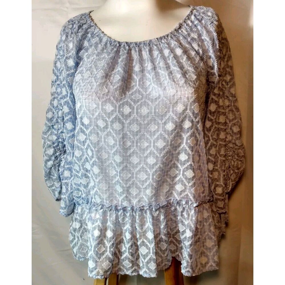 Democracy Women Sky Blue Sheer Pattern Textured Ruched Sleeve Blouse Size‎ L